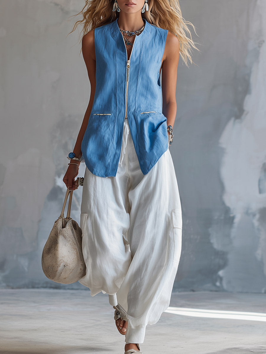Stylish Casual Blue Vest & White Cargo Pants Cotton-Linen Set