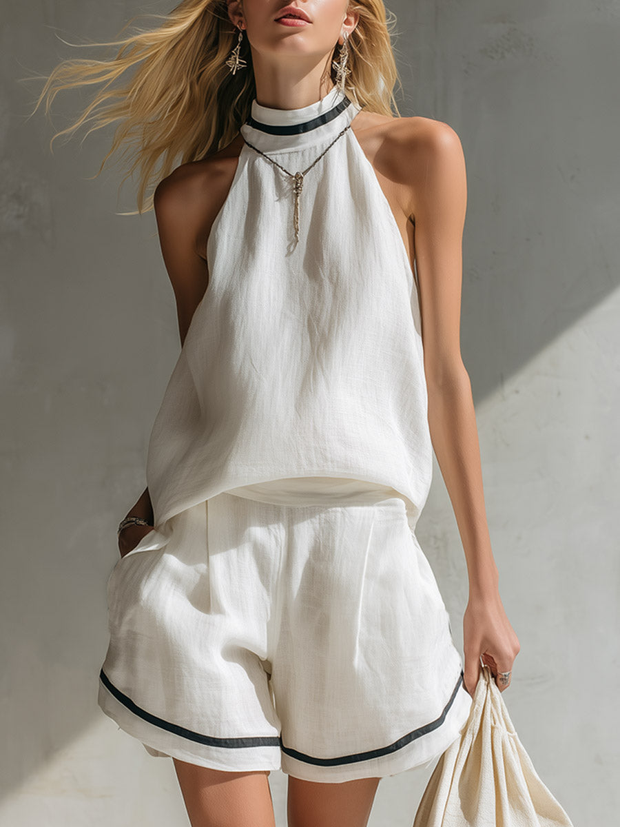 Elegant Minimalist Piping Detail White Halter-Neck Top & Linen Shorts Set