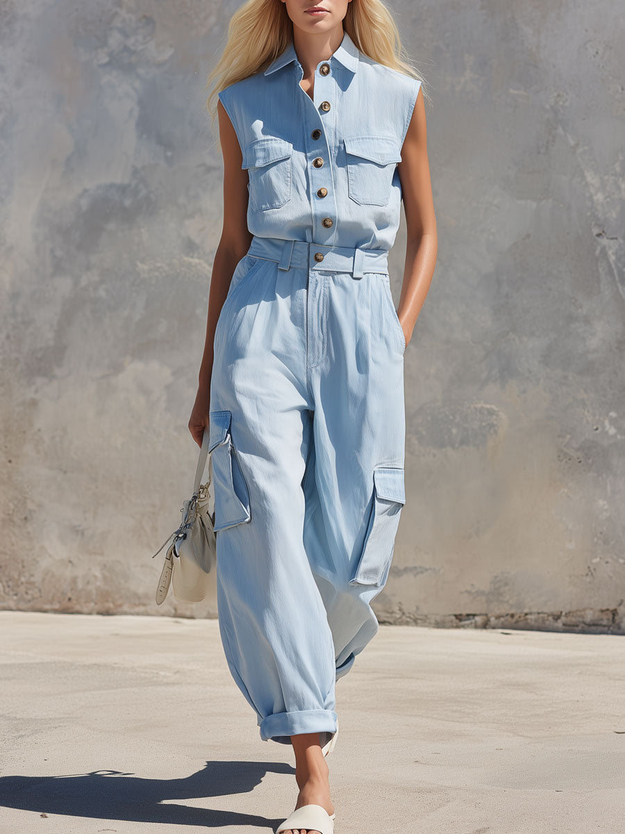 Casual Retro Blue Sleeveless Collared Cotton And Linen Shirt And Trousers Set