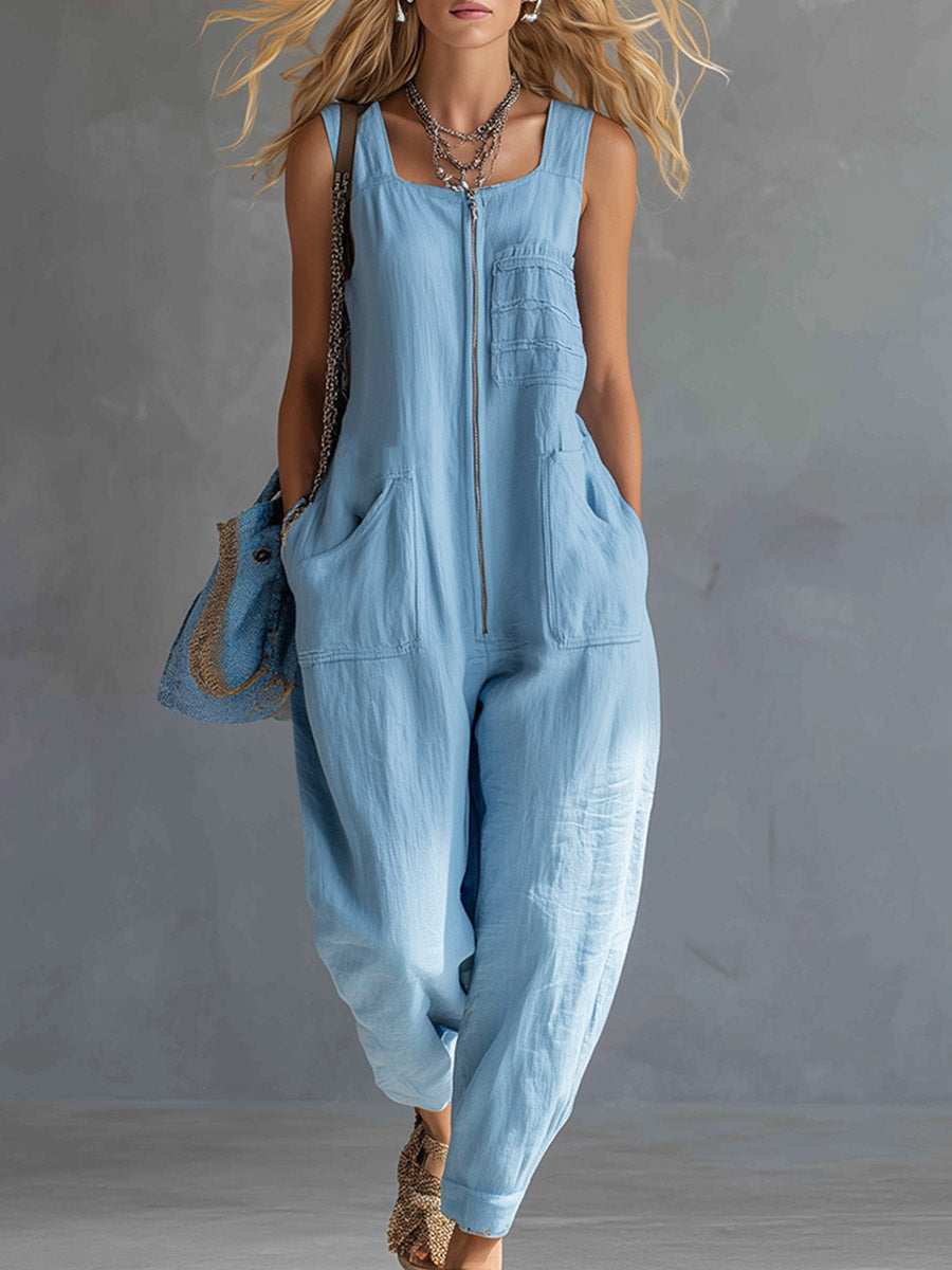 Casual & Stylish Sky-Blue Multi-Pocket Cotton-Linen Jumpsuit