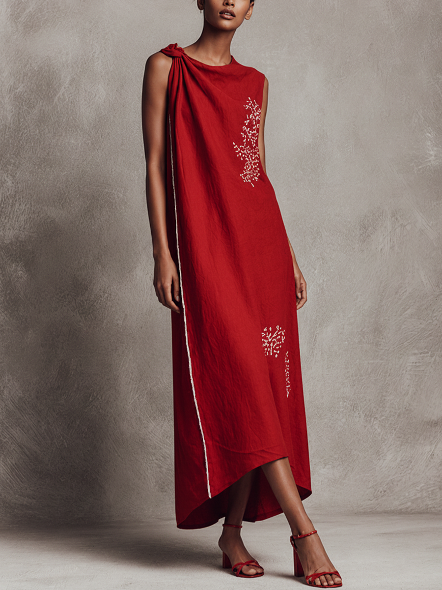 Women's Resort Style Red Cotton Linen Twisted Embroidery White Trim Maxi Dress MDZ0469F7GMJ