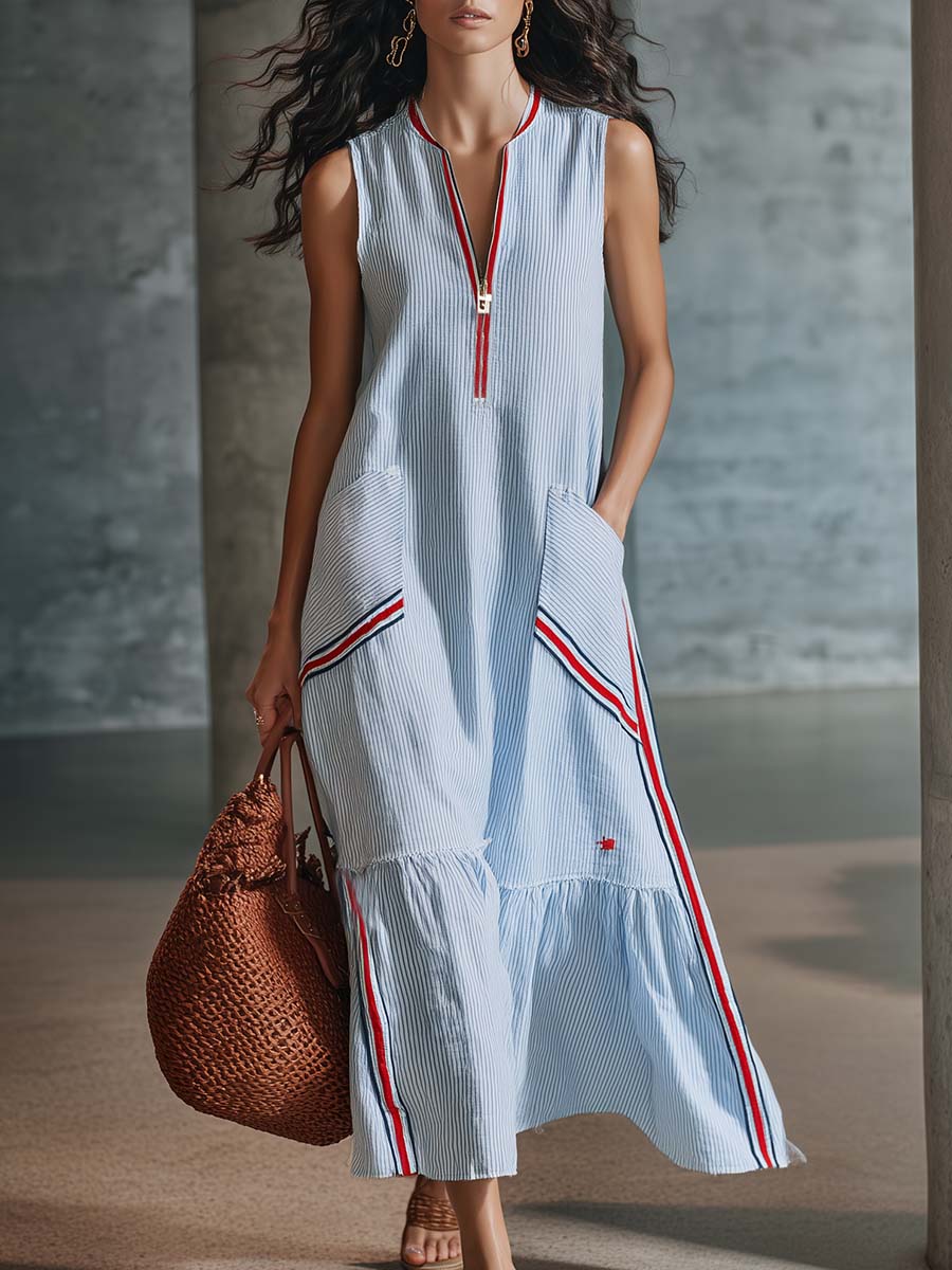 Classic Retro Fashion V-neck Front Zipper Light Blue Striped Midi Dress