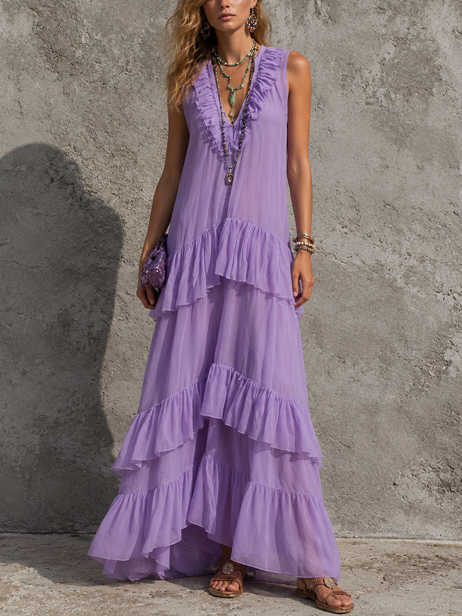 Women's Casual Vacation Style Light Purple Chiffon Ruffled V-Neck Sleeveless Irregular Long Dress MDZ0505F5GMJ