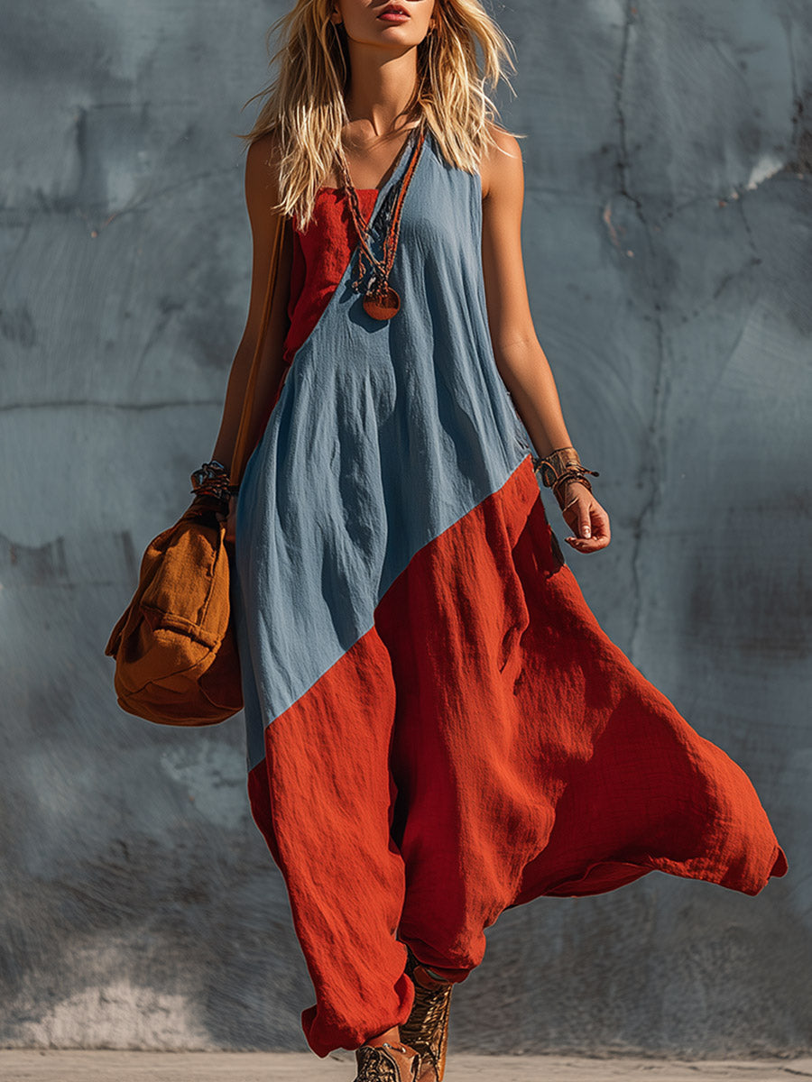 Retro Bohemian Blue & Red One-Shoulder Cotton-Linen Maxi Dress
