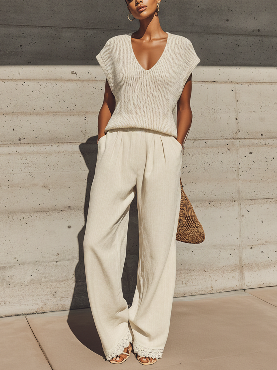 Women’s Beige V-Neck Knit Cap Sleeve Top & Elastic Waist Lace Hem Linen Wide Leg Pants Two-Piece Set MDZ0877F8T