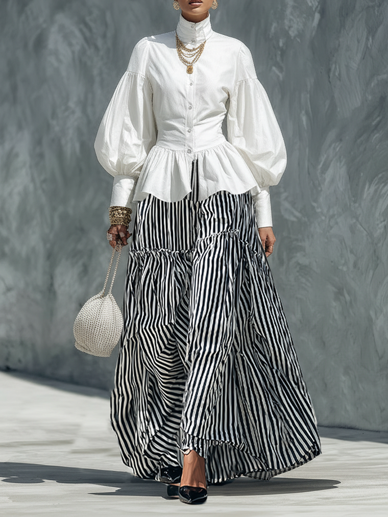 Women's Minimalist Lantern-Sleeve Shirt And Striped Skirt Set MDZ0849F1WY