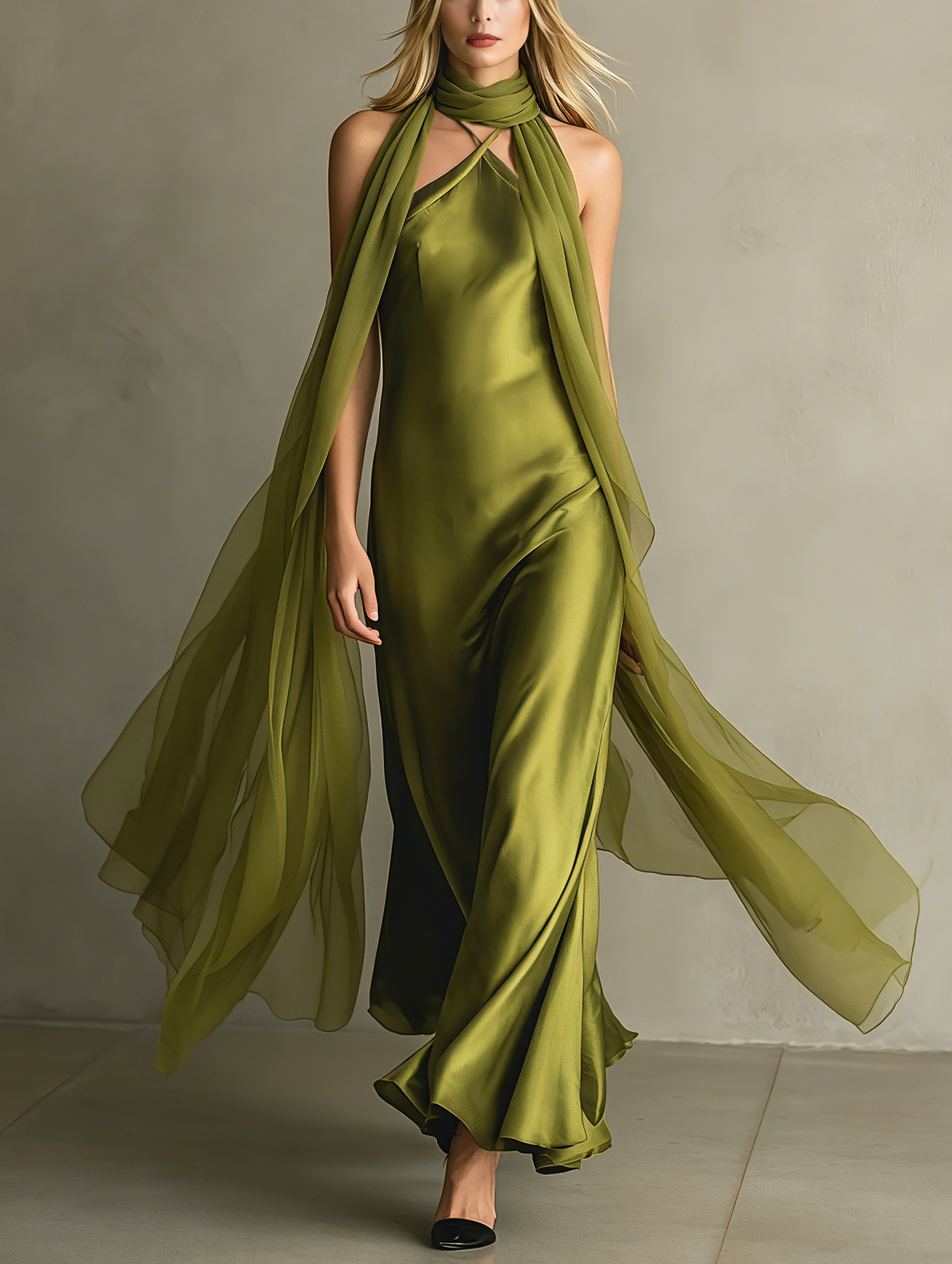 Elegant And Romantic Green Satin Camisole Maxi Dress Paired With A Chiffon Shawl MDZ0825F0LXY