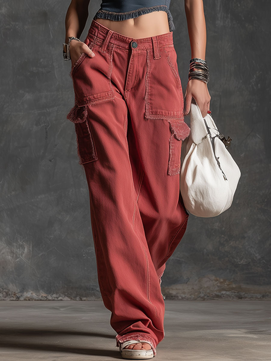 Casual Retro Red Frayed Multi-pocket Jeans