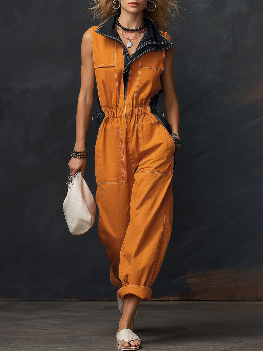Casual Retro Black And Orange Denim Sleeveless Jumpsuit