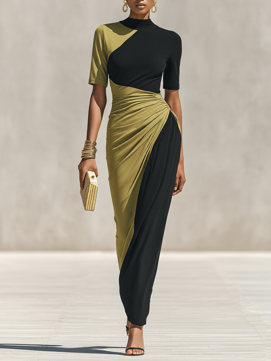 Women's Black & Olive Green Color-Block Jersey Maxi Dress With High Neck & Waist Ruched Detail, Elegant Bodycon Evening Dress MDZ0948F9LYL
