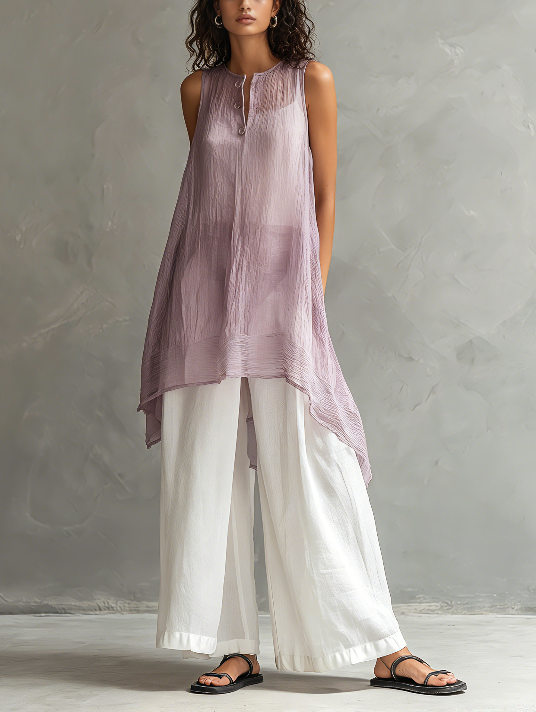 Women's Casual Sleeveless Light Purple Chiffon Blouse Paired With Cotton-linen Trousers (includes A Camisole) MDZ0948F1LXY
