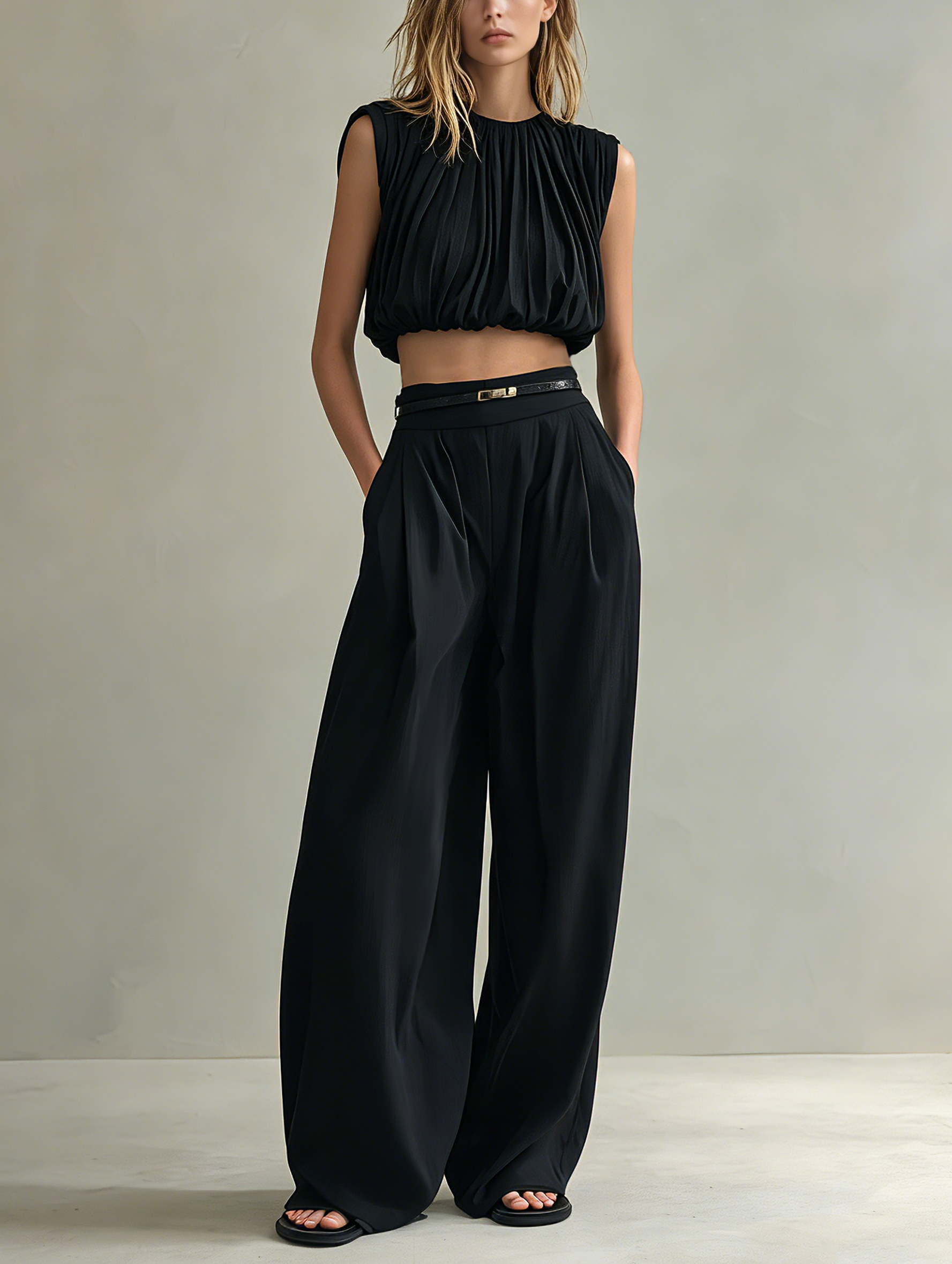 Women's Elegant Black Sleeveless Chiffon Top Paired With Black Woven Trousers (belt Not Included) MDZ0919F3LXY