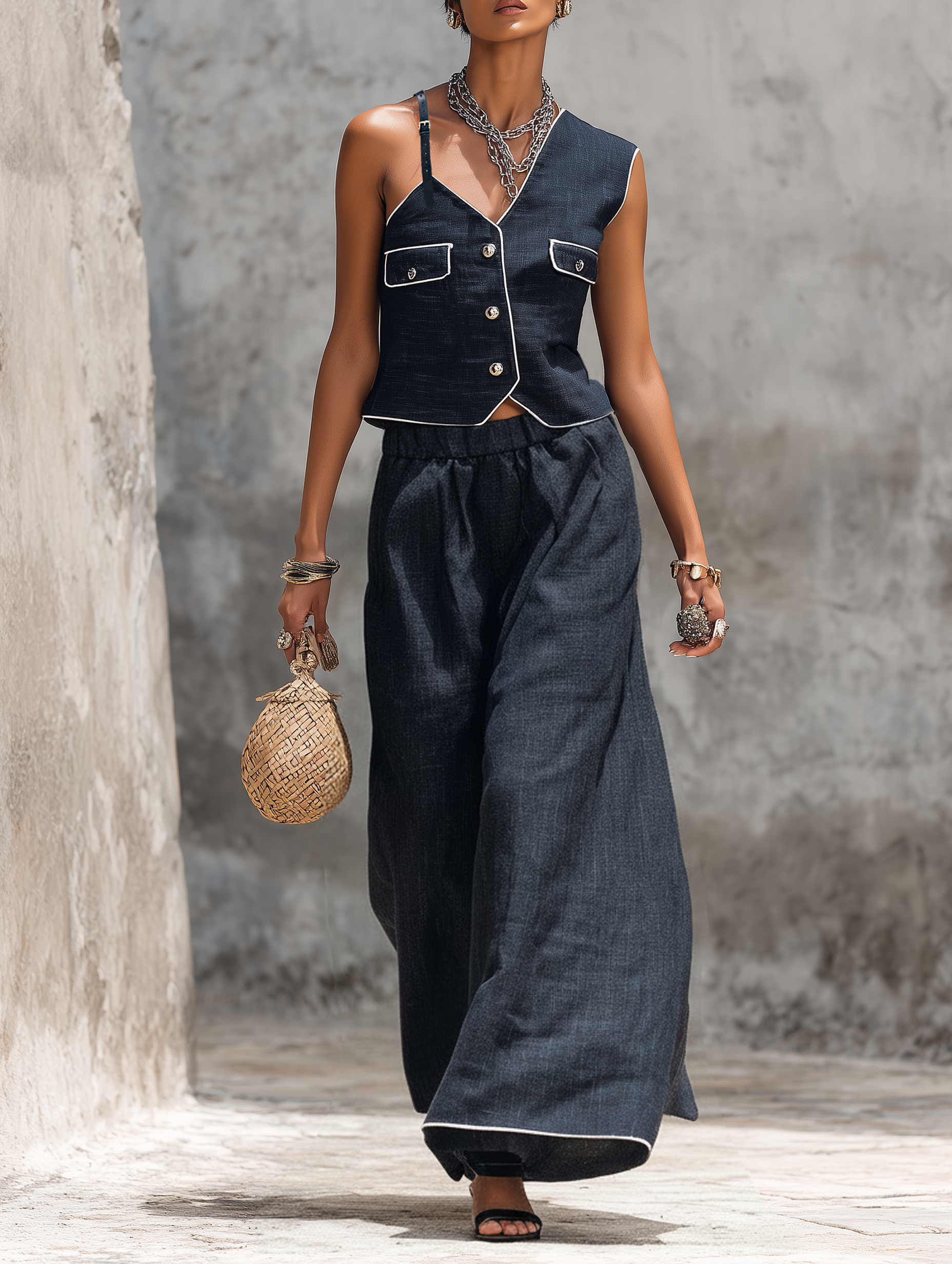 Women's Minimalist Linen-Blend Asymmetric-Neck Single-Breasted Vest And Wide-Leg Trousers Set MDZ0962F5WY