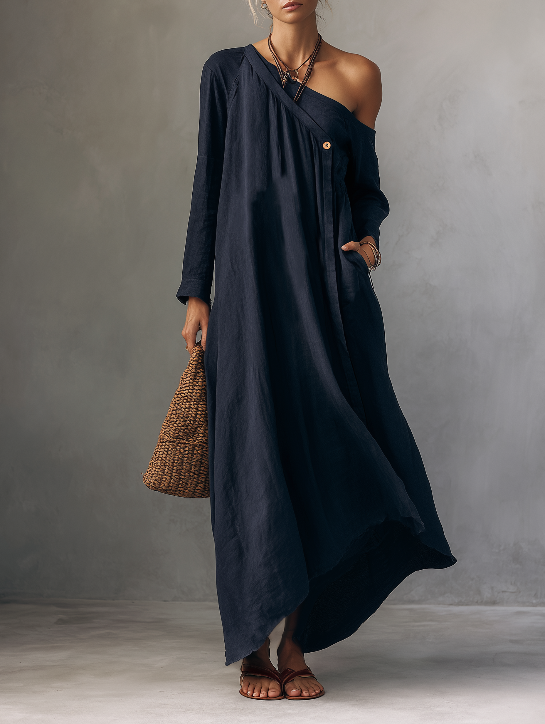 Women's Minimalist Linen-Blend One-Shoulder Long-Sleeve Maxi Dress MDZ0970F6WY