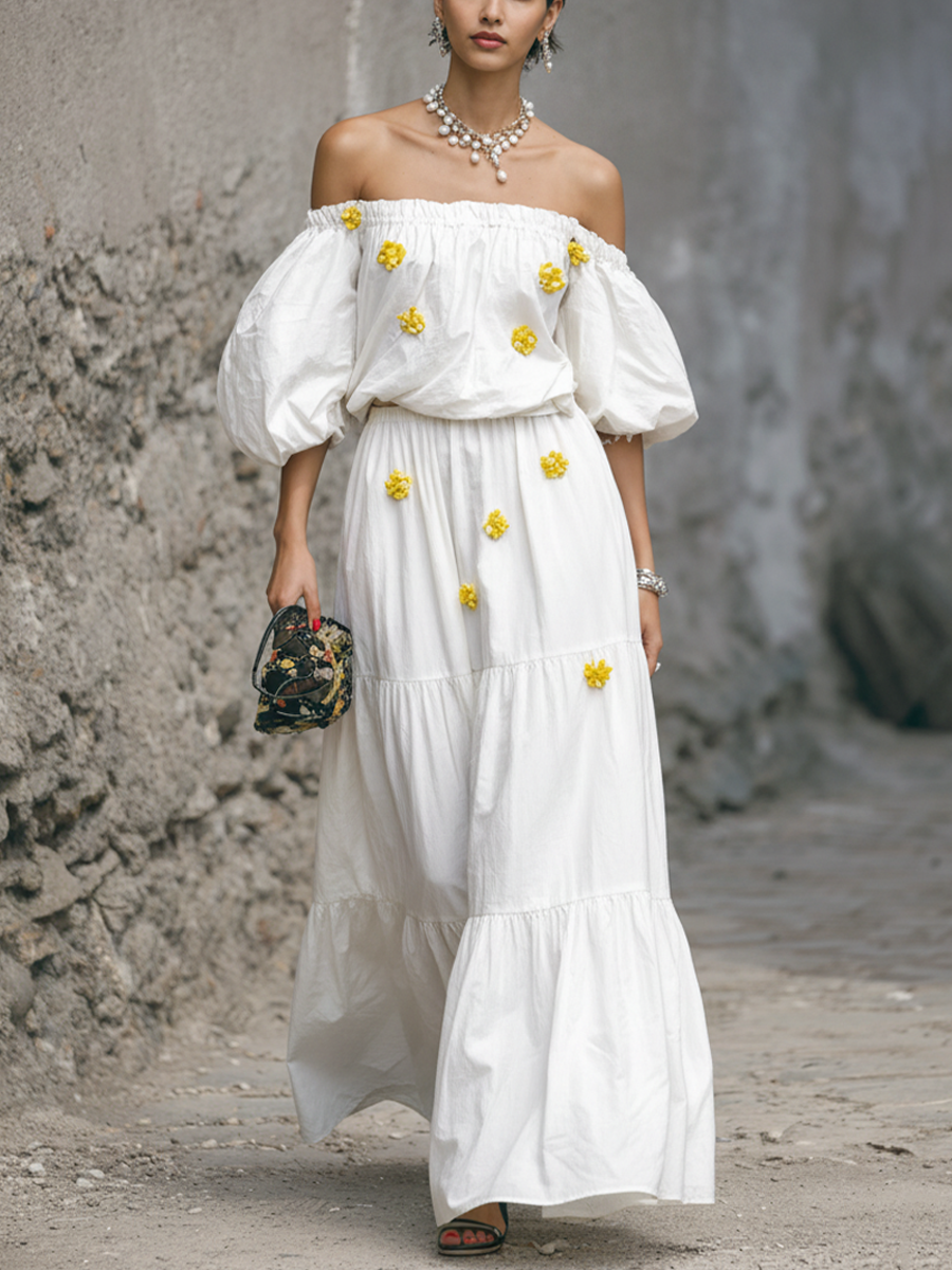Women’s Resort Style White Cotton Blend Off-Shoulder Puff Sleeve 3D Floral Cake Dress Set MDZ0983F0GMJ