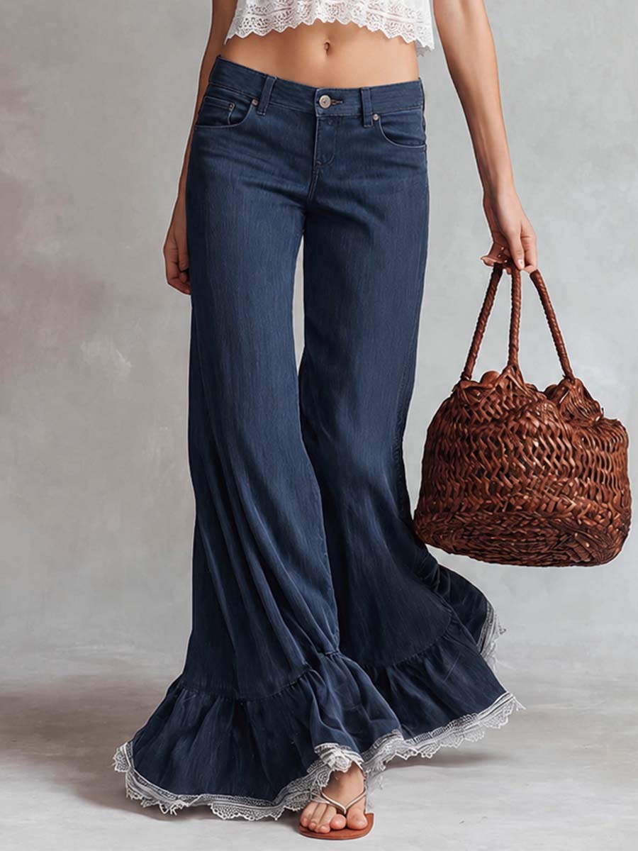 Retro Fashion Dark Blue Tencel Denim Peplum Hem Pants