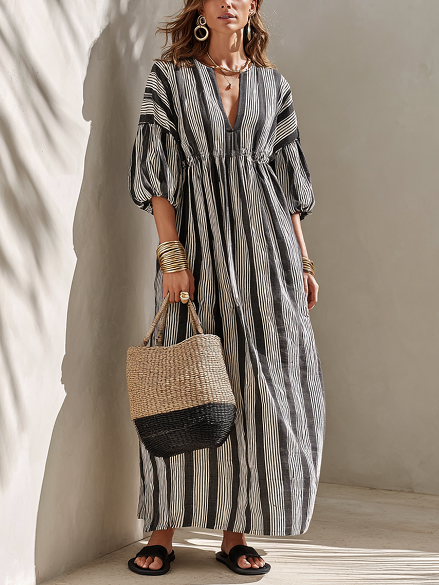 Black And White Striped Linen-Blend V-Neck Puff-Sleeve Maxi Dress MDZ1040F1ZRK