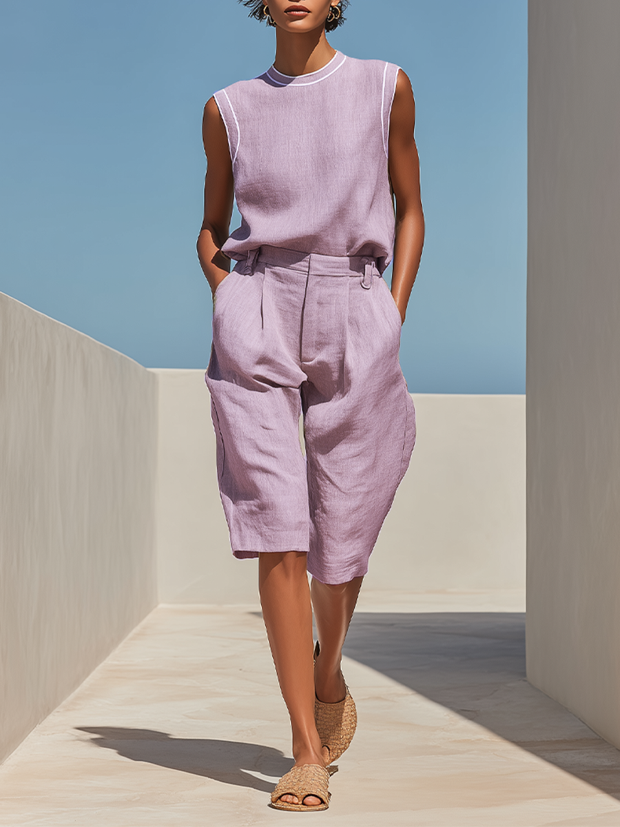 Women's Lavender Linen-Blend Two-Piece Set With Contrast Trim Sleeveless Top & High Waist Shorts, Minimalist Casual Resort Outfit MDZ1084F1LYL