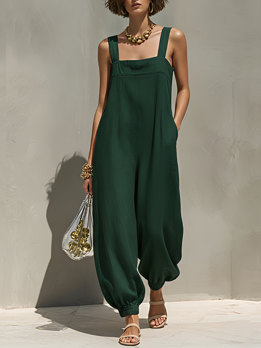 Women's Dark Green Linen-Blend Jumpsuit With Square Neck, Wide Straps , Loose Balloon Fit & Elasticated Cuffs, Casual Minimalist Summer Jumpsuit MDZ1024F9LYL