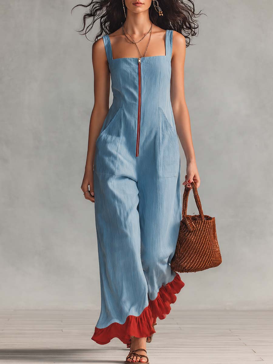 Retro Casual Square Neck Front Zipper Light Blue Cotton-Linen Jumpsuit