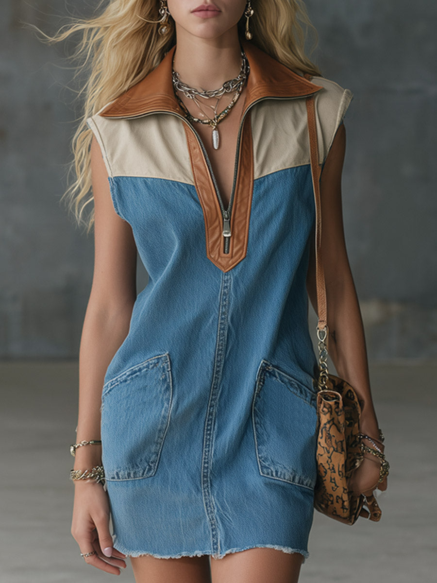 Casual-chic Blue Denim And PU Collared Mini Dress