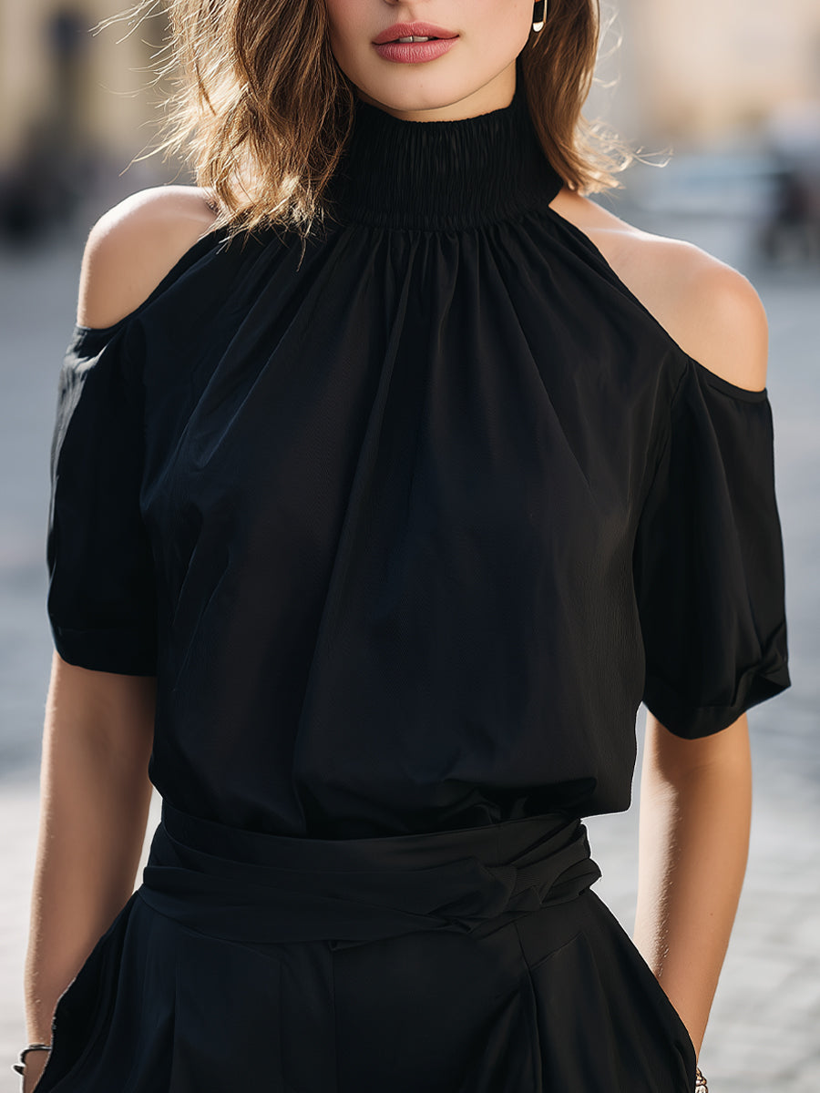 Cold-Shoulder Smocked Mock Neck Blouse