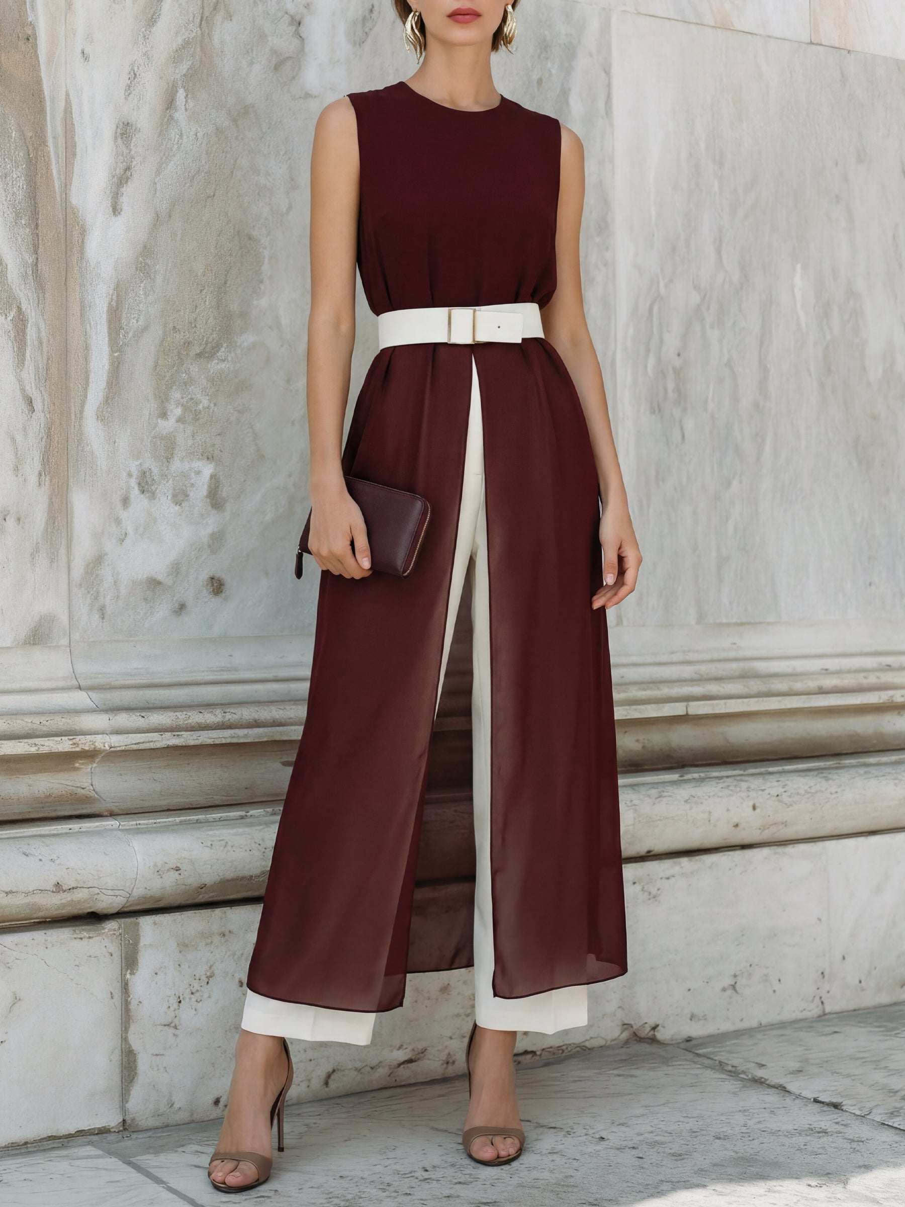 Sleeveless Slit-Front Chiffon Tunic & Belted Tailored Trousers Set