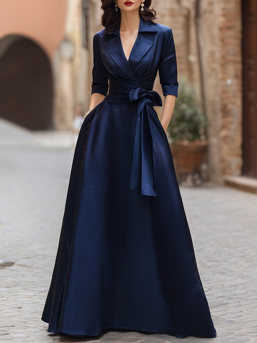 Lapel Collar Wrap Satin Maxi Dress With Side Tie