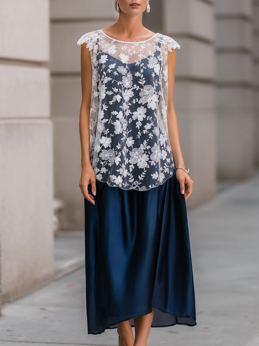 White Floral Lace Overlay Top & Navy Satin Midi Skirt Set