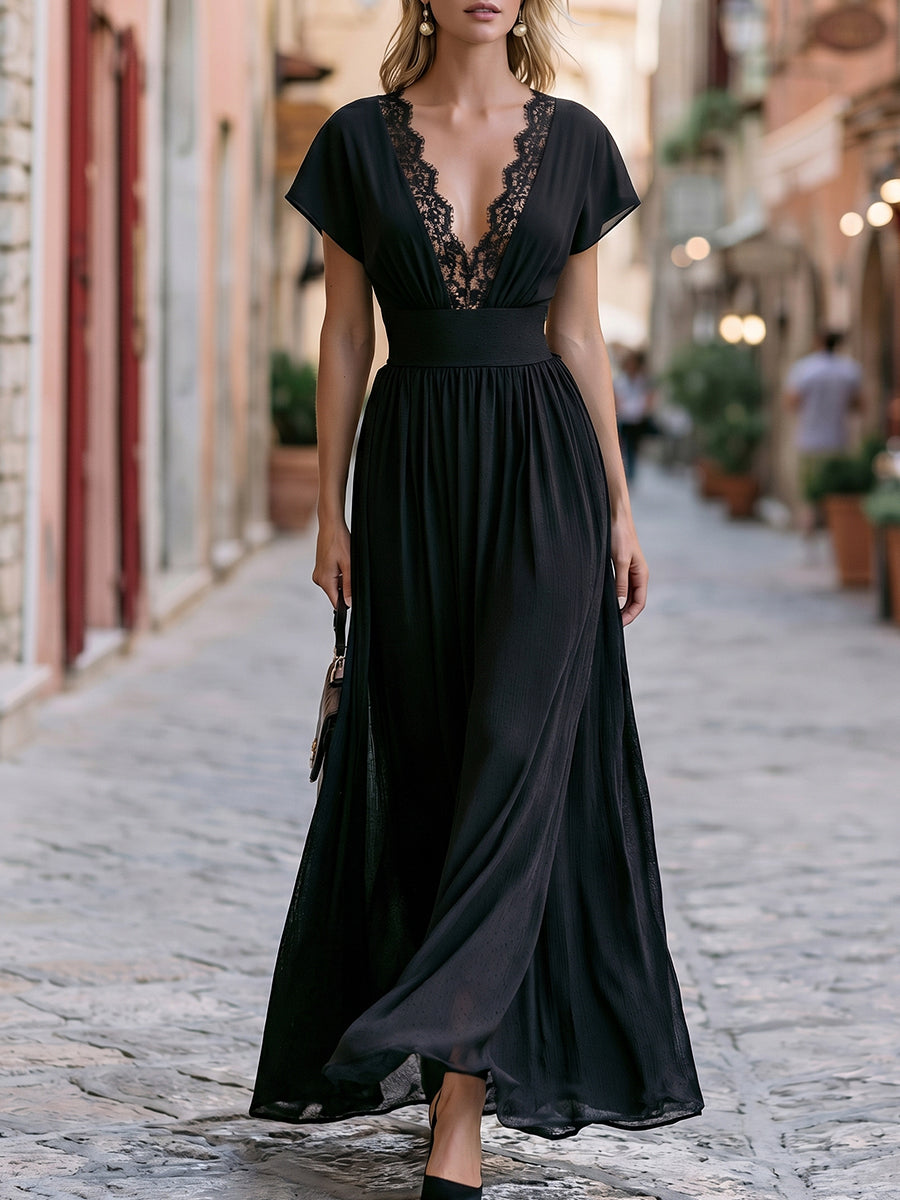 V-Neck Lace Trim Maxi Dress With Flutter Sleeves