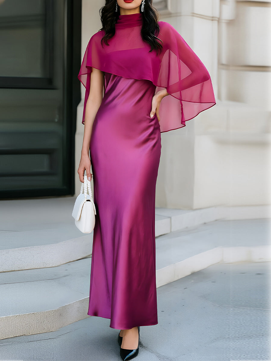 Satin Slip Dress & Sheer Chiffon Capelet Two-Piece Set