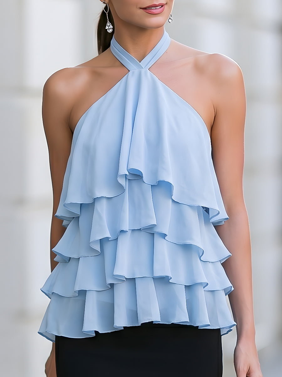 Halter-Neck Layered Ruffle Chiffon Top