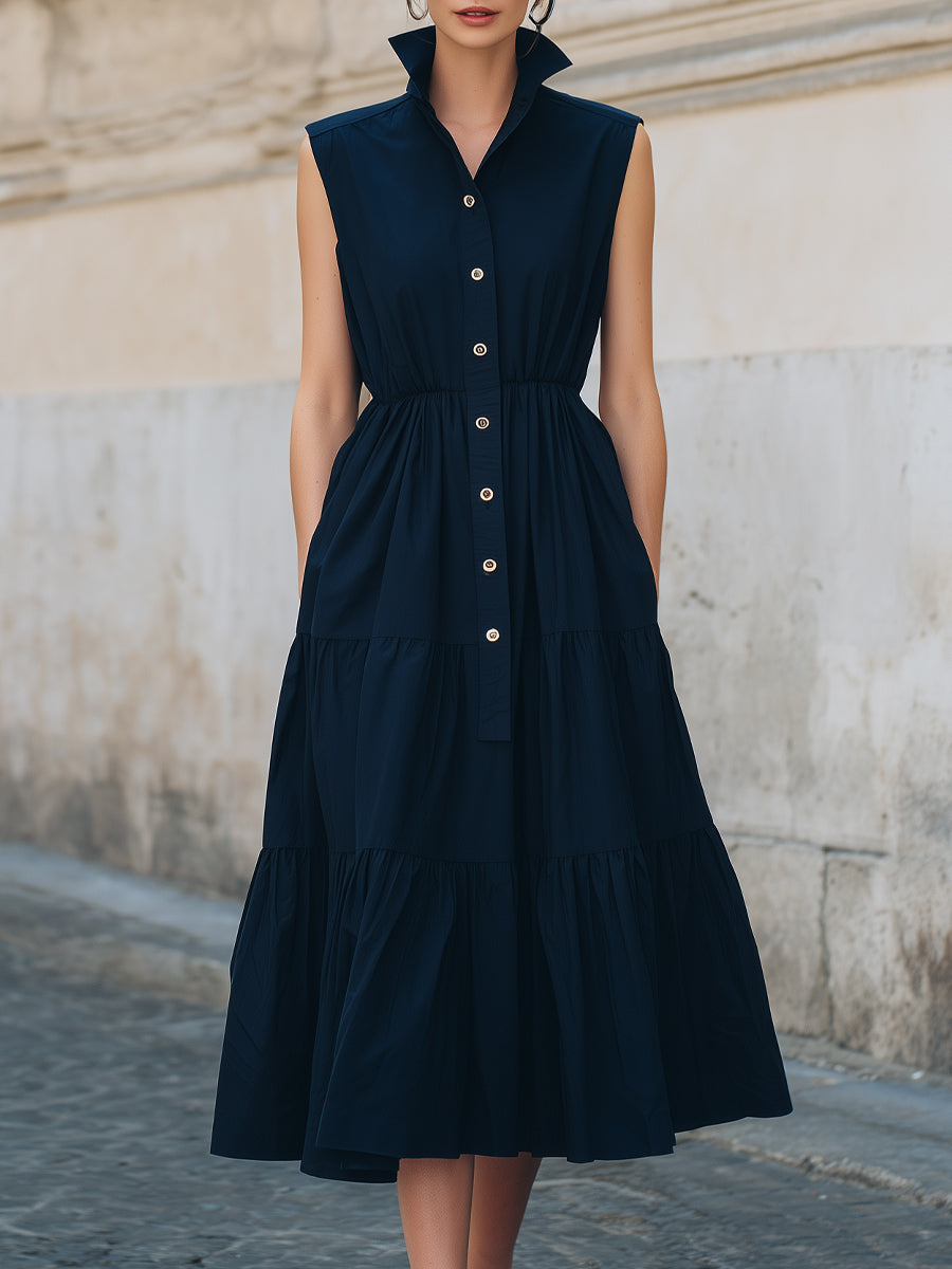 Sleeveless Button-Down Collar Tiered Midi Dress