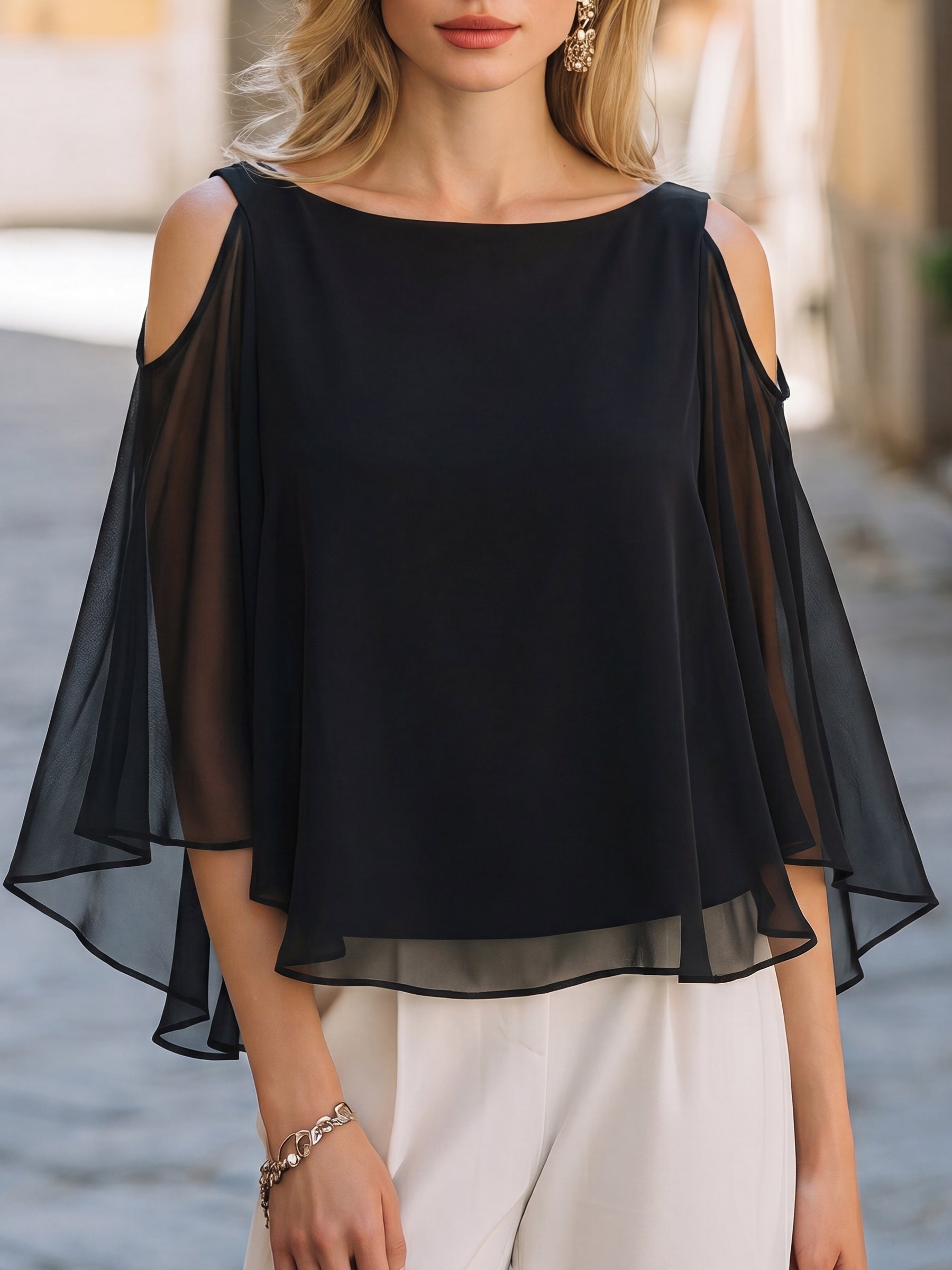 Cold-Shoulder Cape-Sleeve Chiffon Layered Blouse