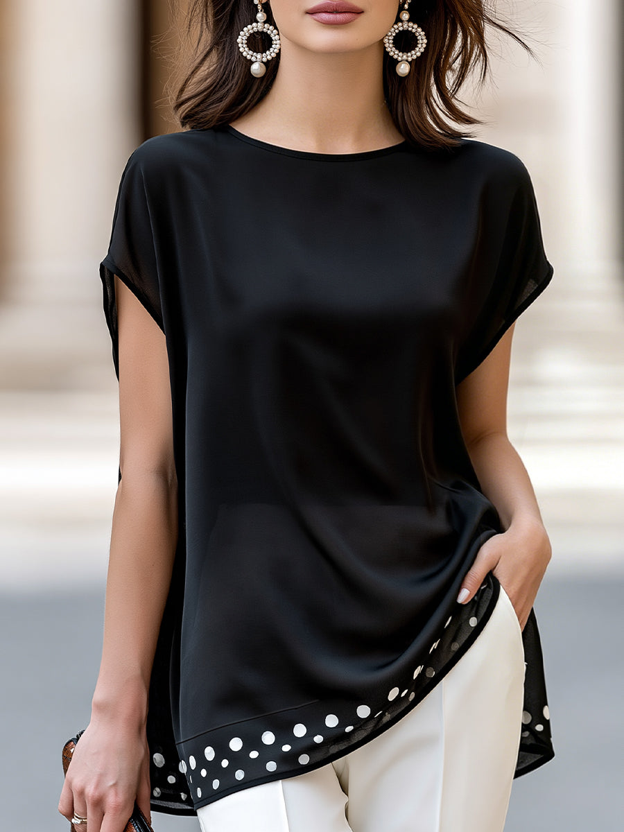 Polka Dot Hem Relaxed Draped Blouse