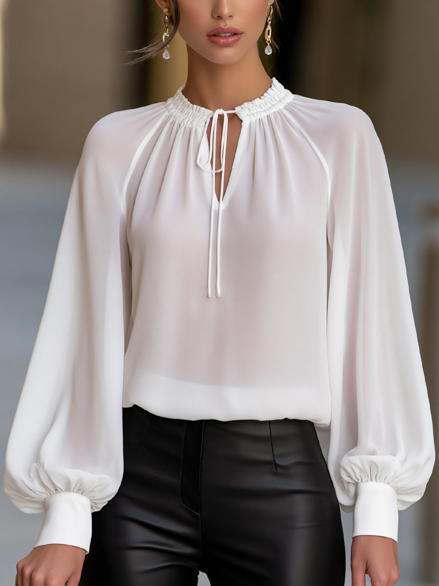 Elegant Tie-Neck Chiffon Keyhole Blouse