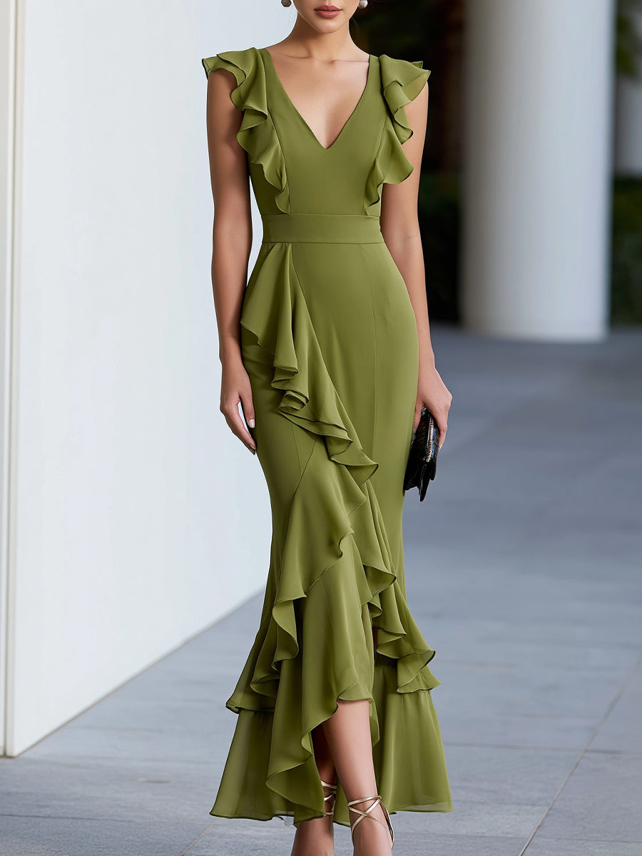 Layered Ruffles V-Neck Flowing Maxi Dress