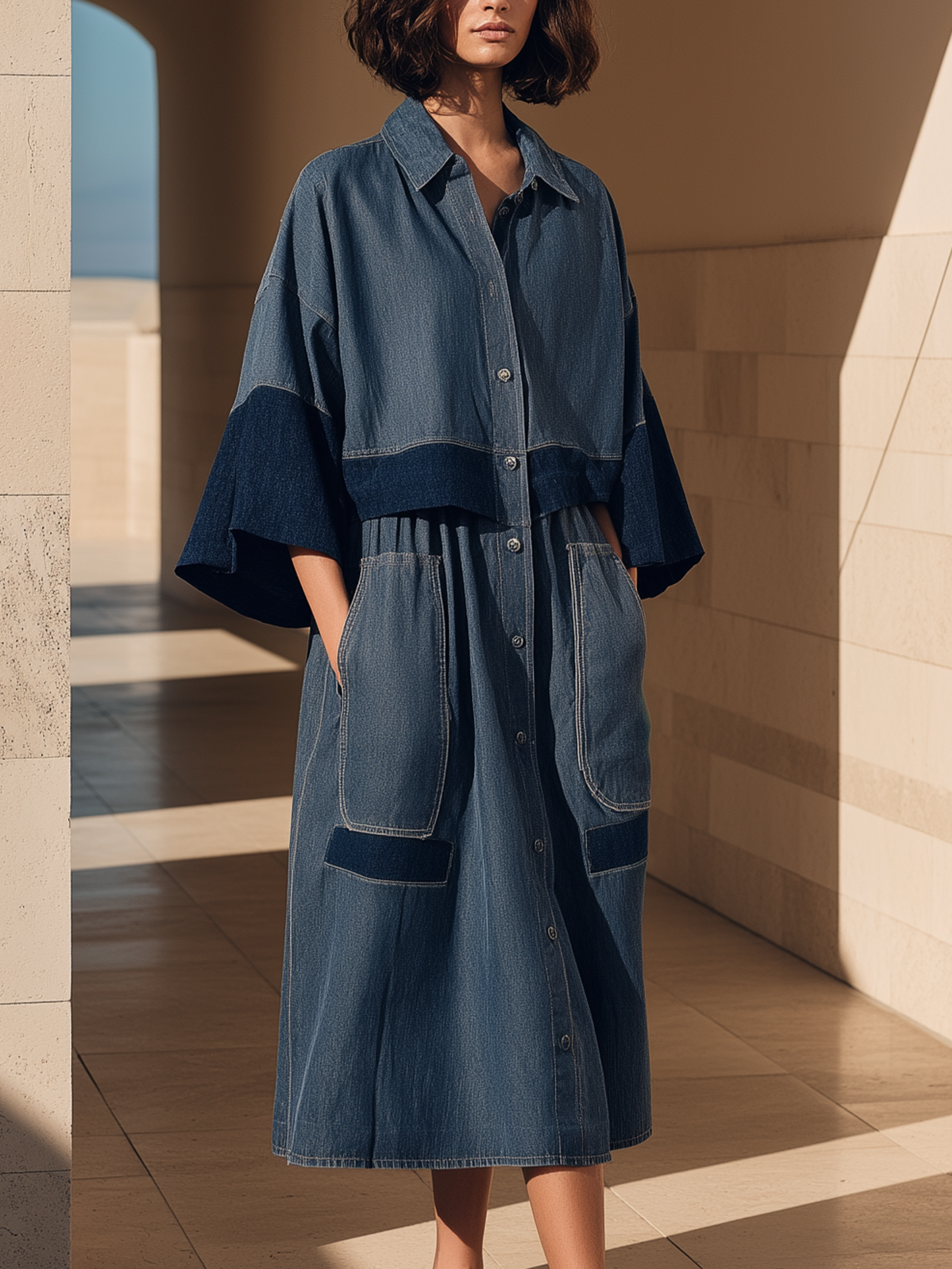 Two-Tone Patchwork Denim Shirt Dress