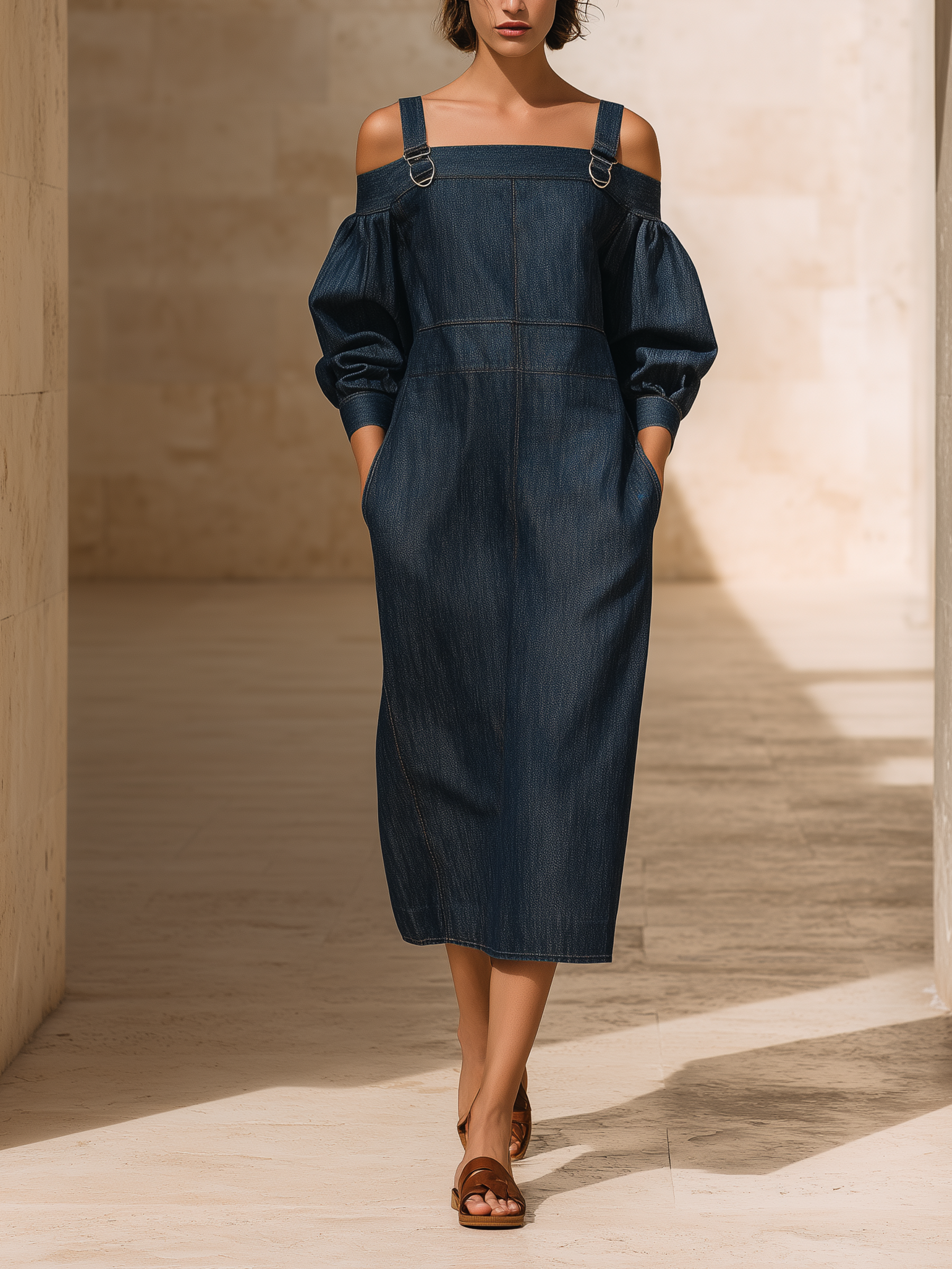 Midnight Blue Off-Shoulder Puff Sleeve Denim Midi Dress