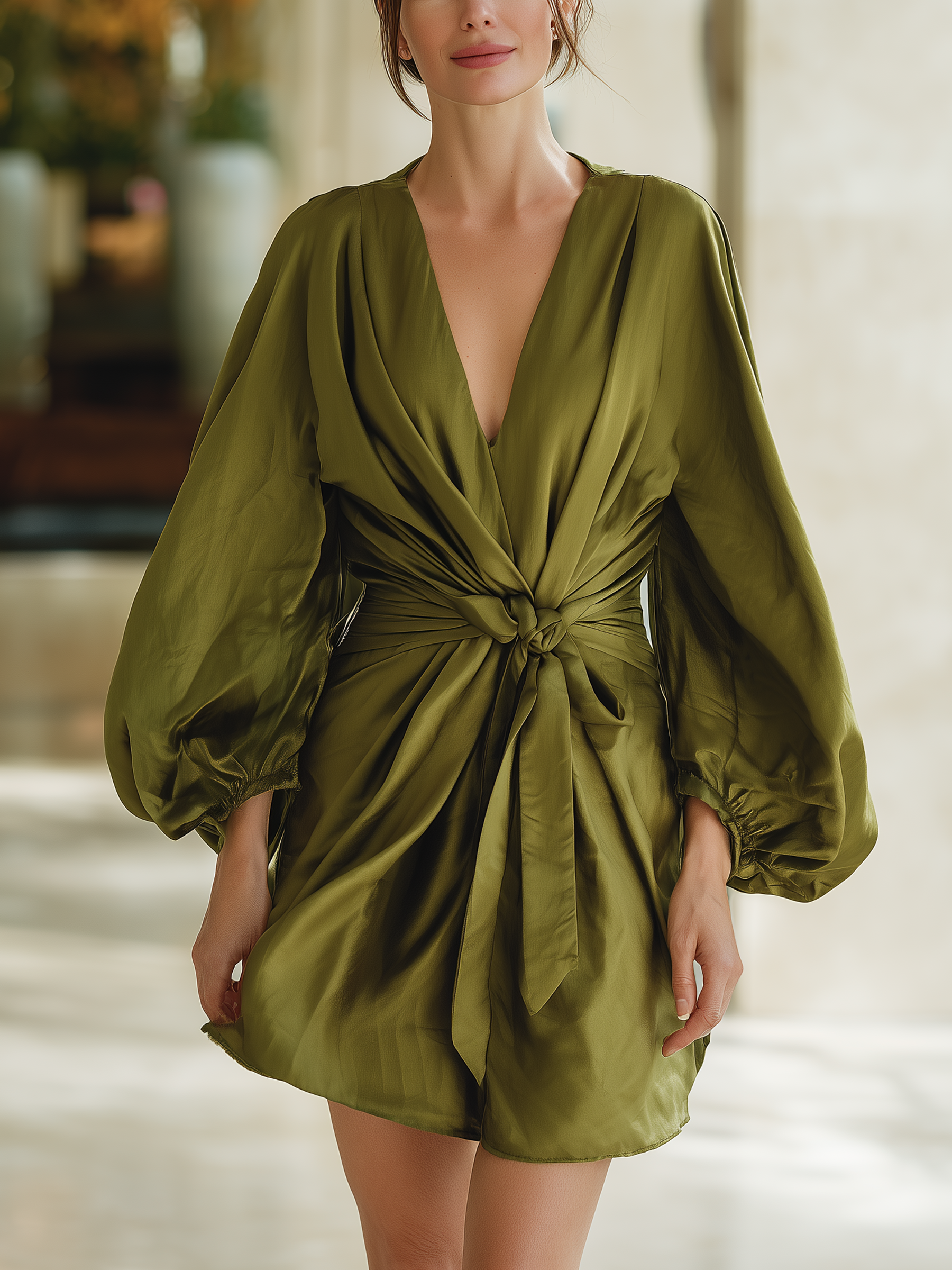 Olive Green Satin Puff Sleeve Deep V-Neck Tie-Waist Mini Dress