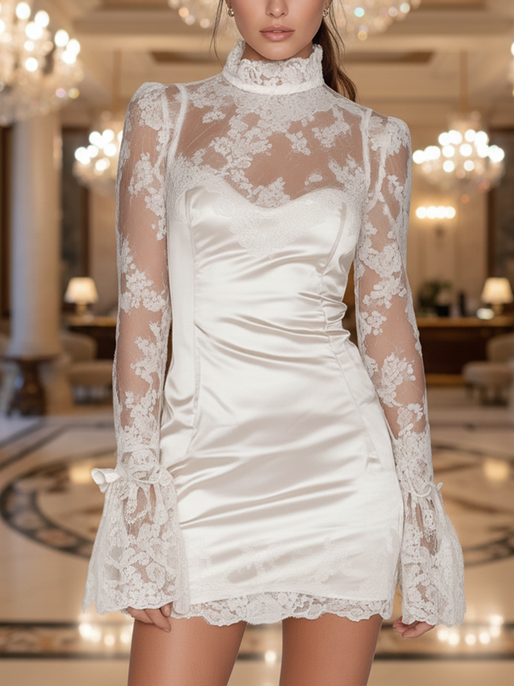 White Satin And White Lace Long Sleeves Mini Dress