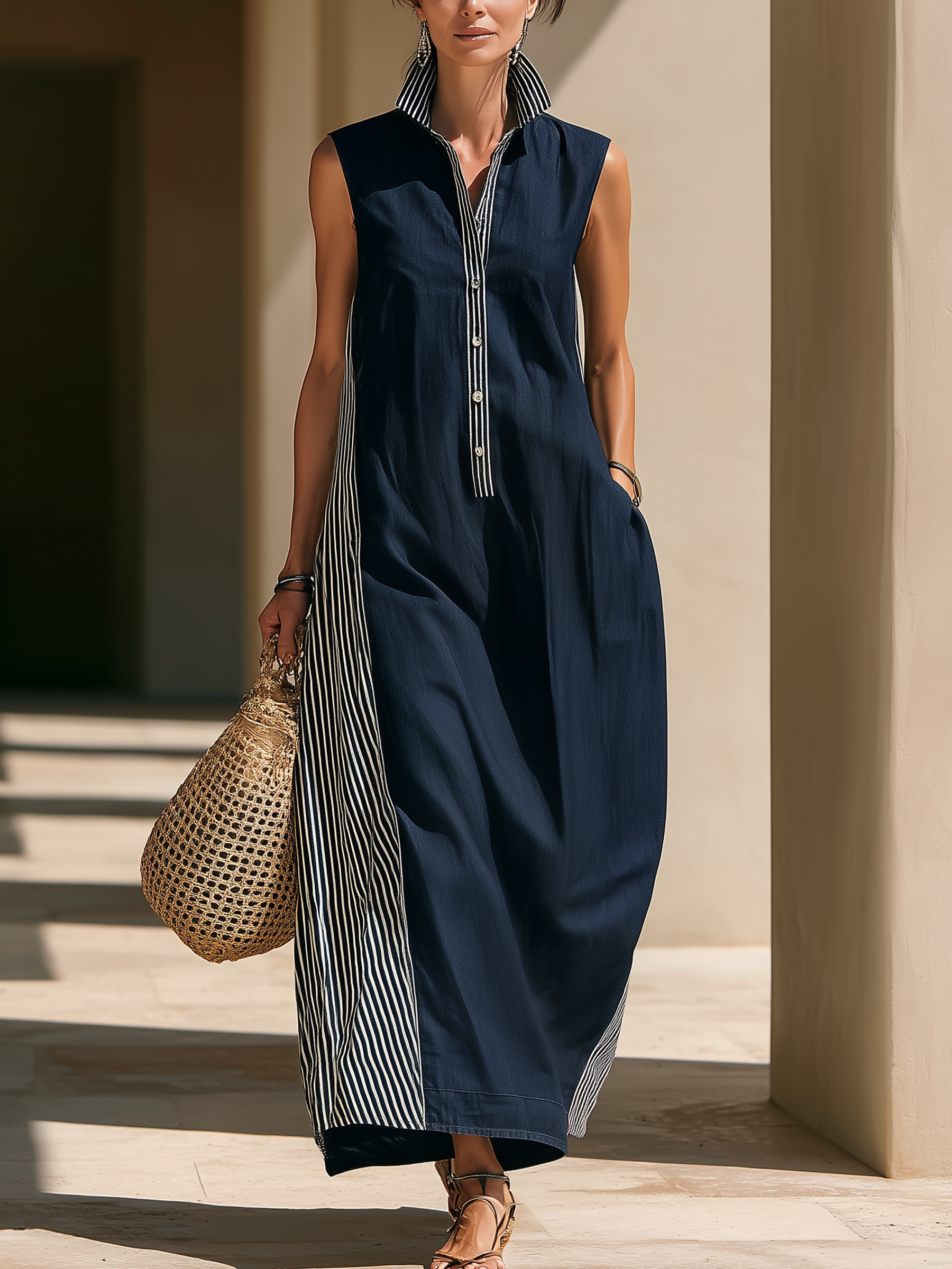 Navy Denim Striped Panel Maxi Dress