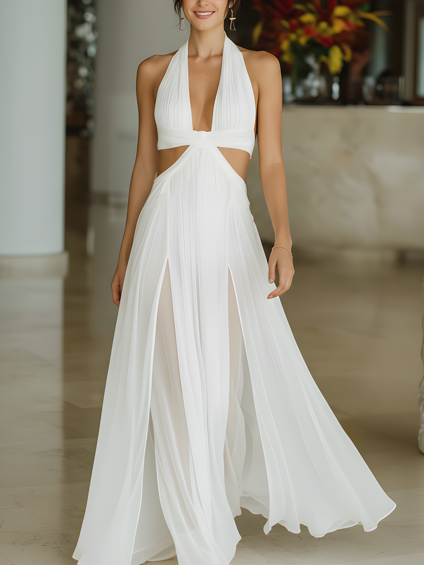 Flowy White Halter Neck Cutout Double-Layer Chiffon Maxi Dress