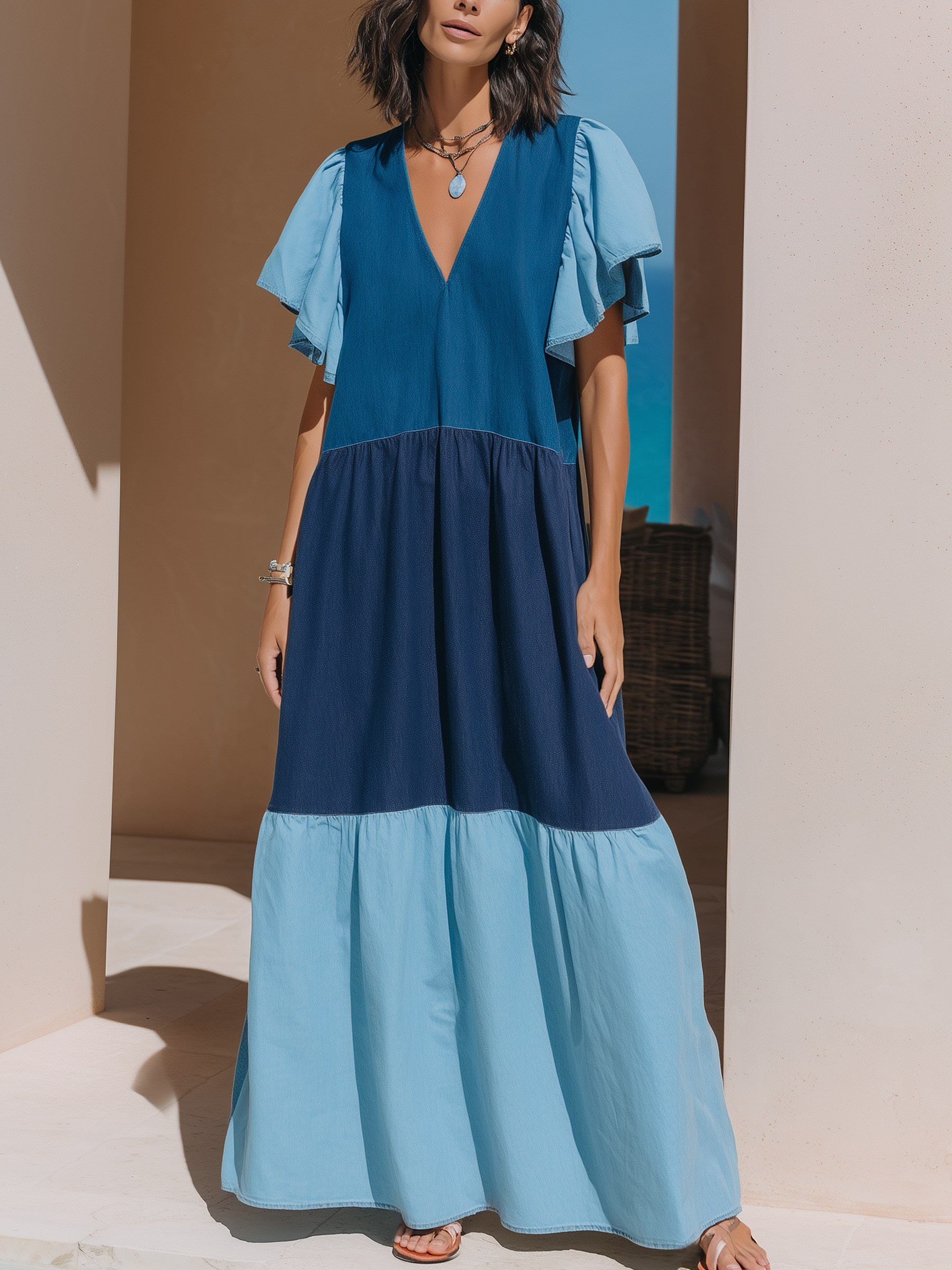 Colorblock Ruffle Sleeve Tiered Denim Maxi Dress
