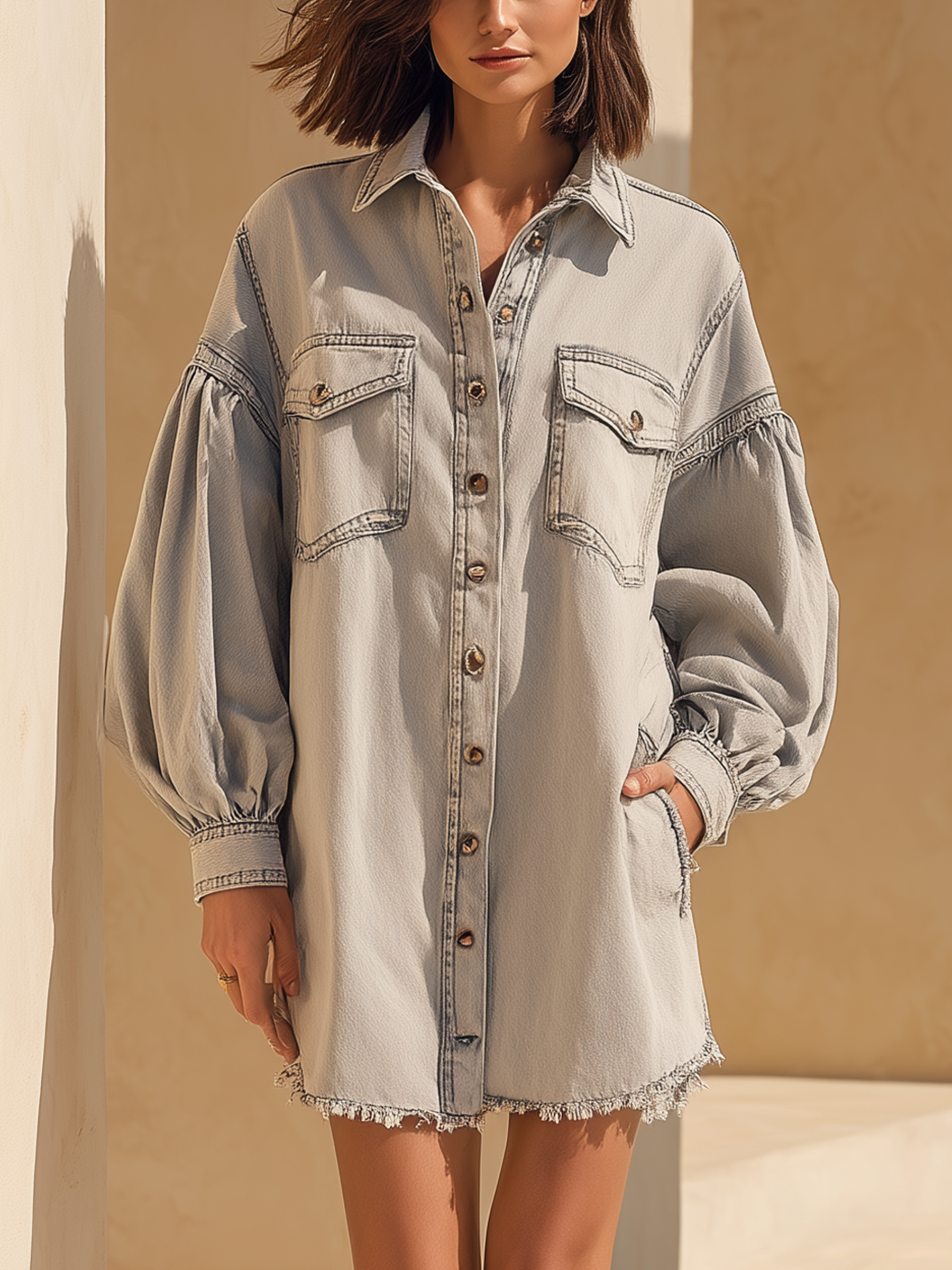 Light Wash Balloon Sleeve Denim Shirt Dress