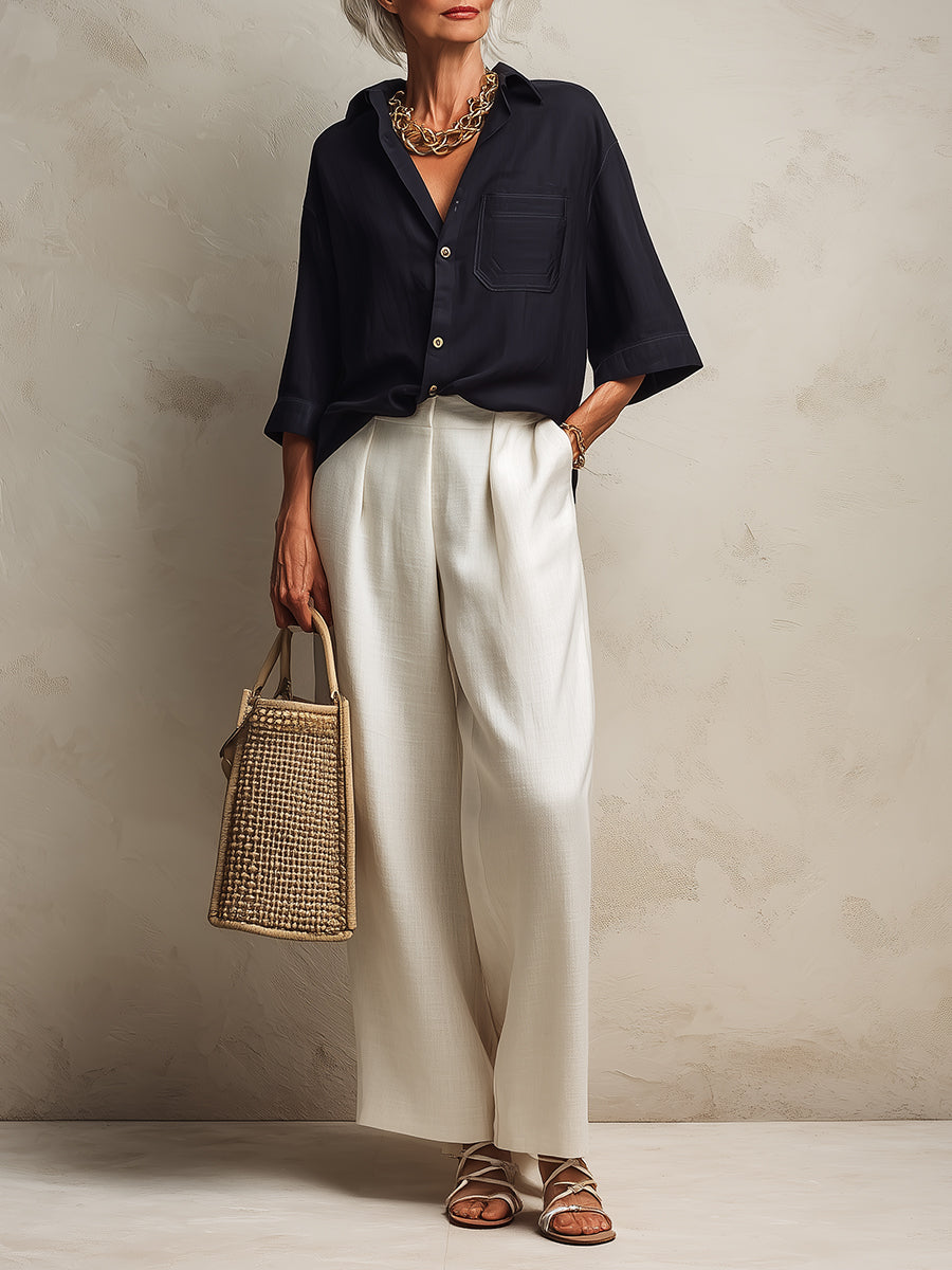 Classic Half-Sleeve Blouse & Cotton-Linen Wide-Leg Pants Set