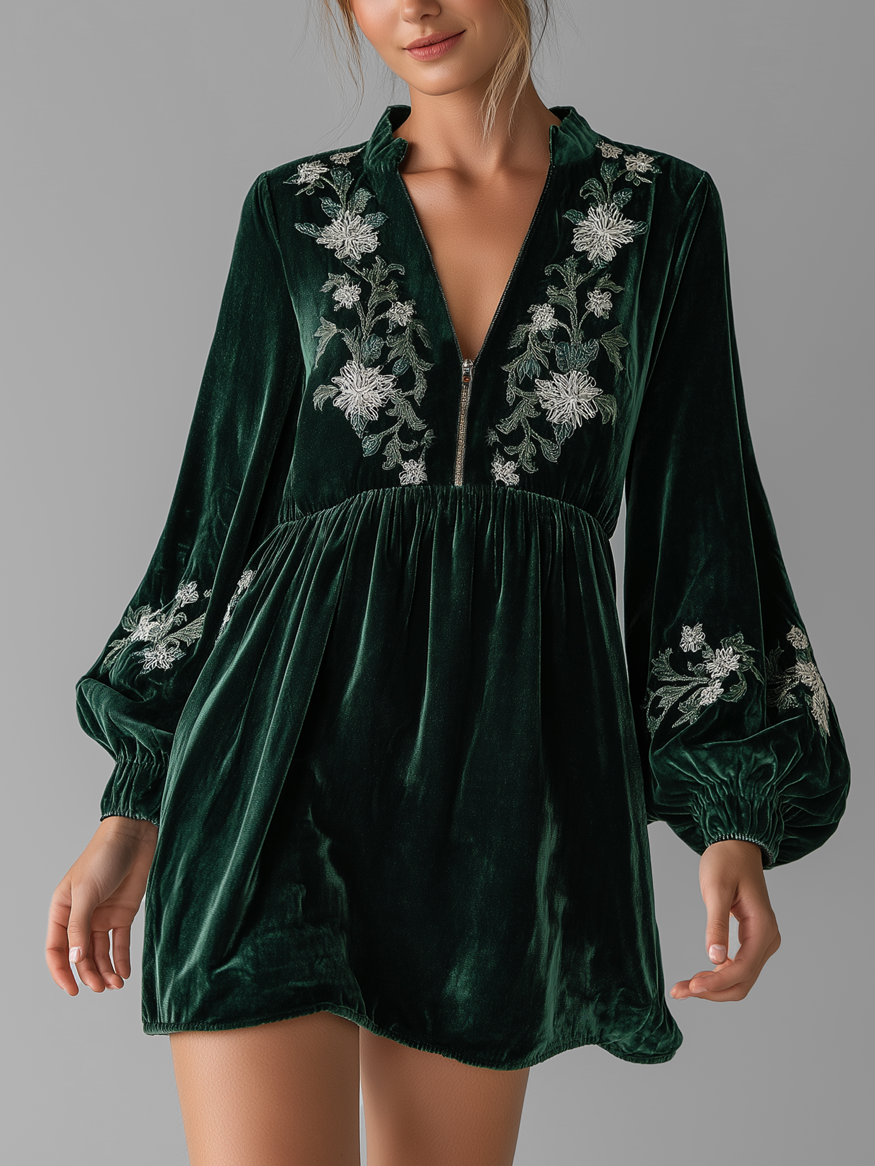 Velvet Embroidered Deep V Mini Dress With Zip-Front Placket – Elegant Long Sleeve High