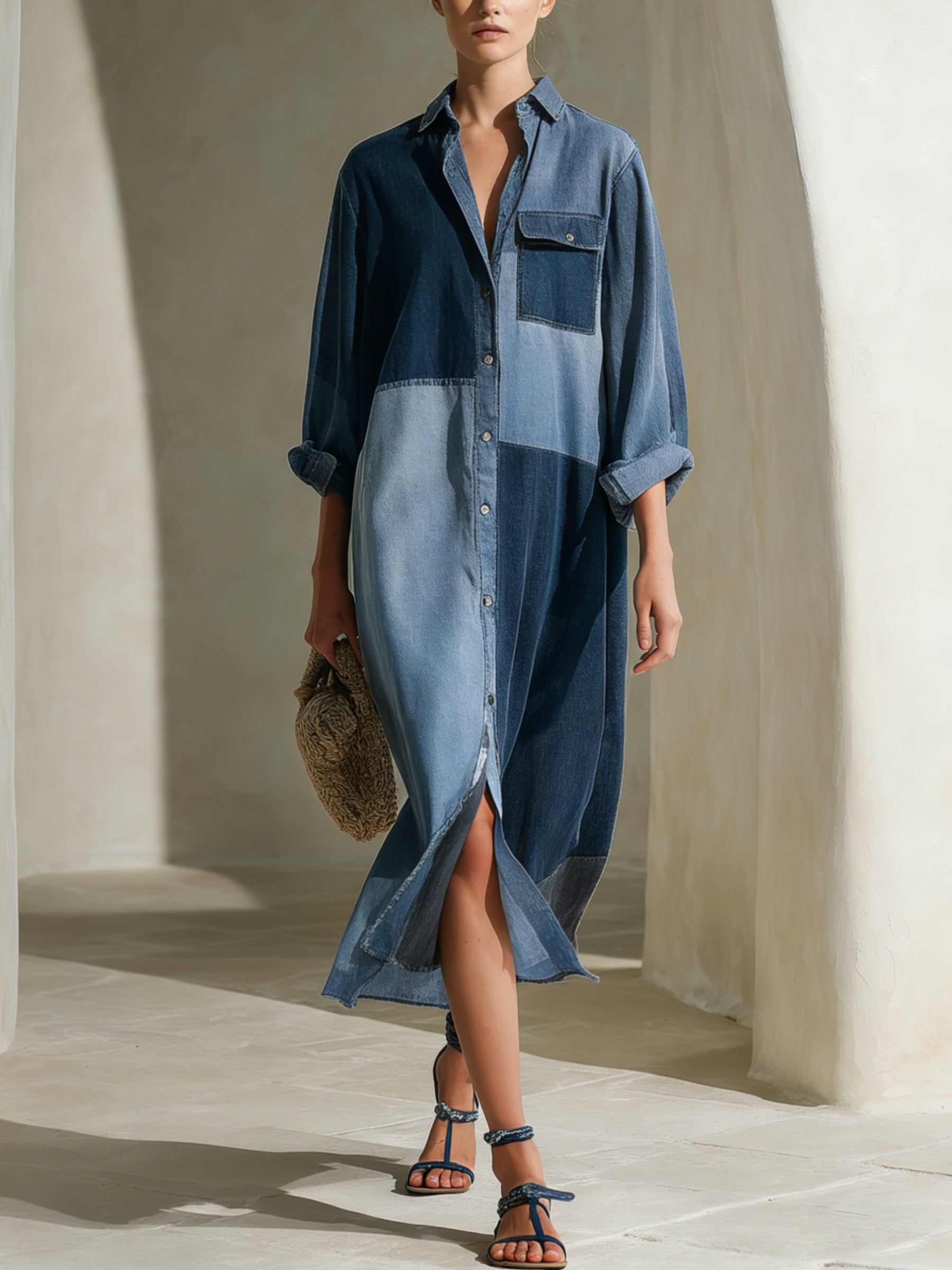 Patchwork Denim Shirt Midi Dress