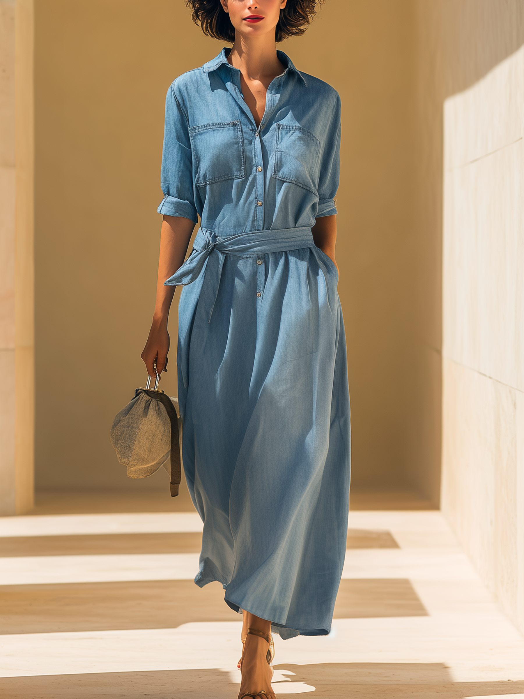 Light Wash Tencel Denim Maxi Shirt Dress With Self-Tie Belt