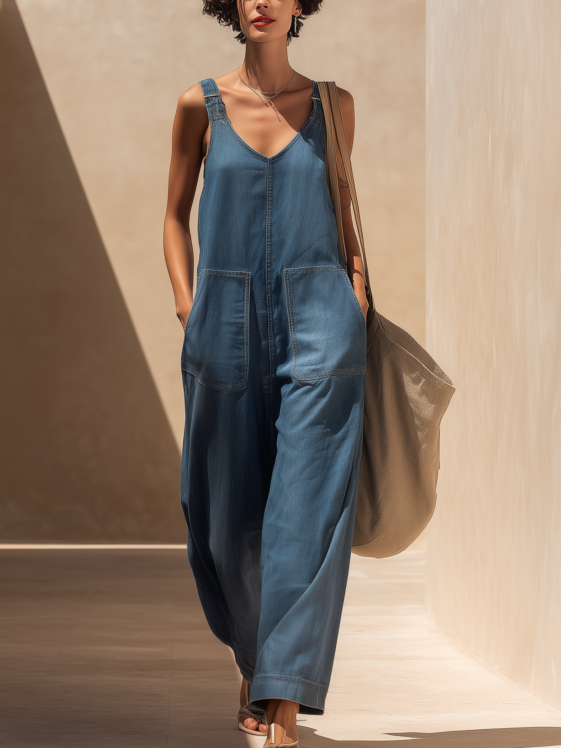 Vintage Blue Tencel Denim Wide-Leg Overall Jumpsuit